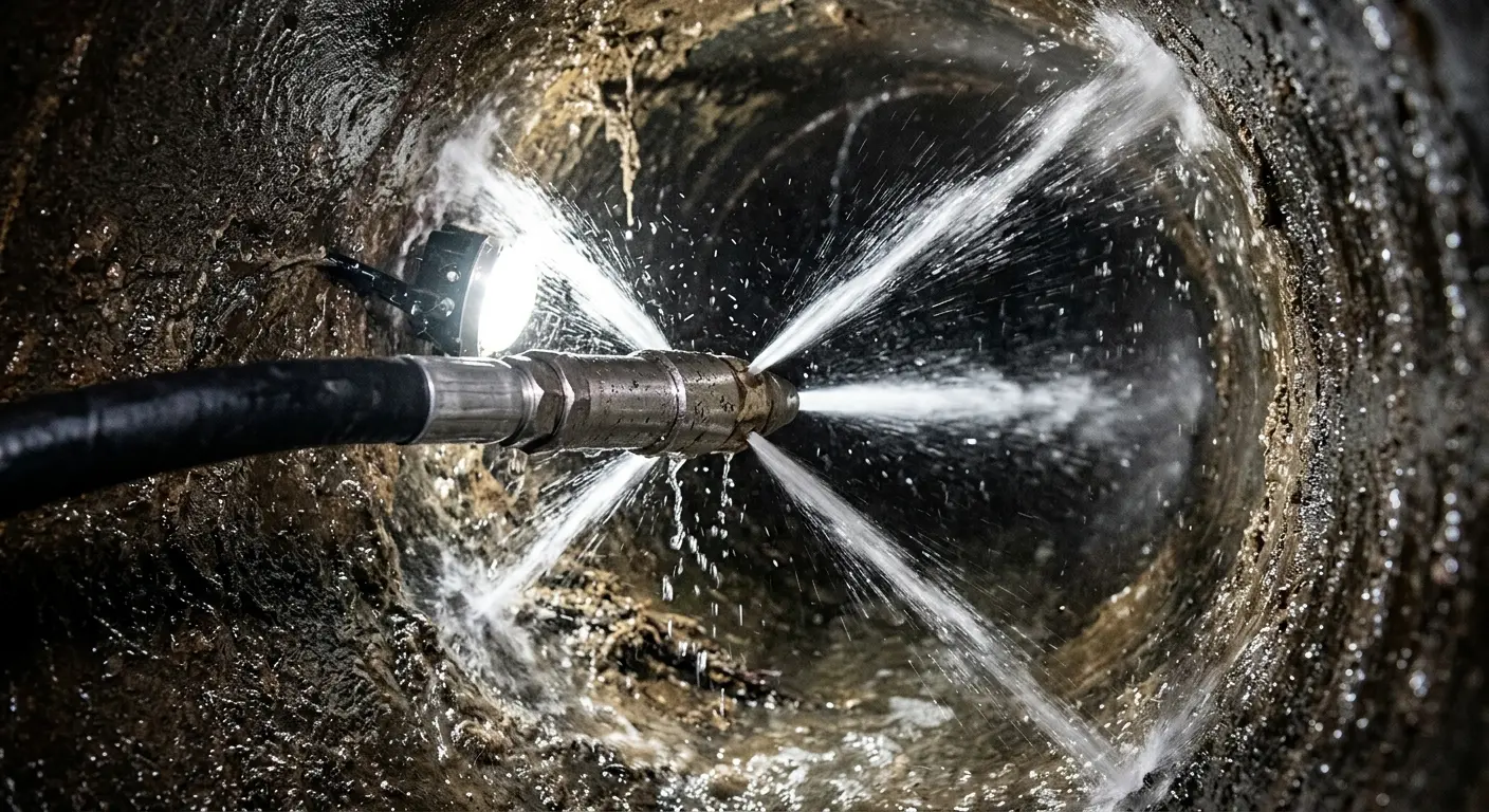High-pressure hydro jetting nozzle cleaning sewer pipe for Trenchless Sewer Repair in Auburndale