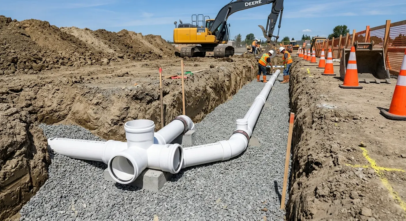 New PVC sewer pipe installation in open trench for Commercial Drain Cleaning in Auburndale
